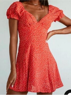 Princess Polly Red Floral V-Neck Puff Sleeve Mini Dress (Sz 2)